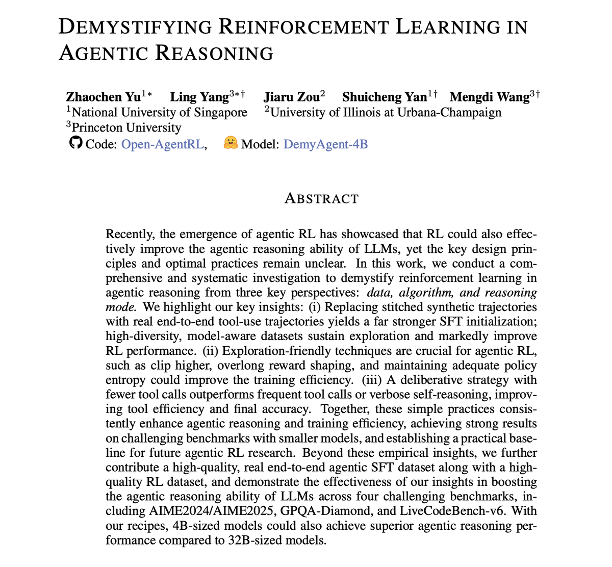 omarsar0's tweet image. Why does RL work for enhancing agentic reasoning?
This paper studies what actually works when using RL to improve tool-using LLM agents, across three axes: data, algorithm, and reasoning mode.
Instead of chasing bigger models or fancy algorithms, the authors find that real,…