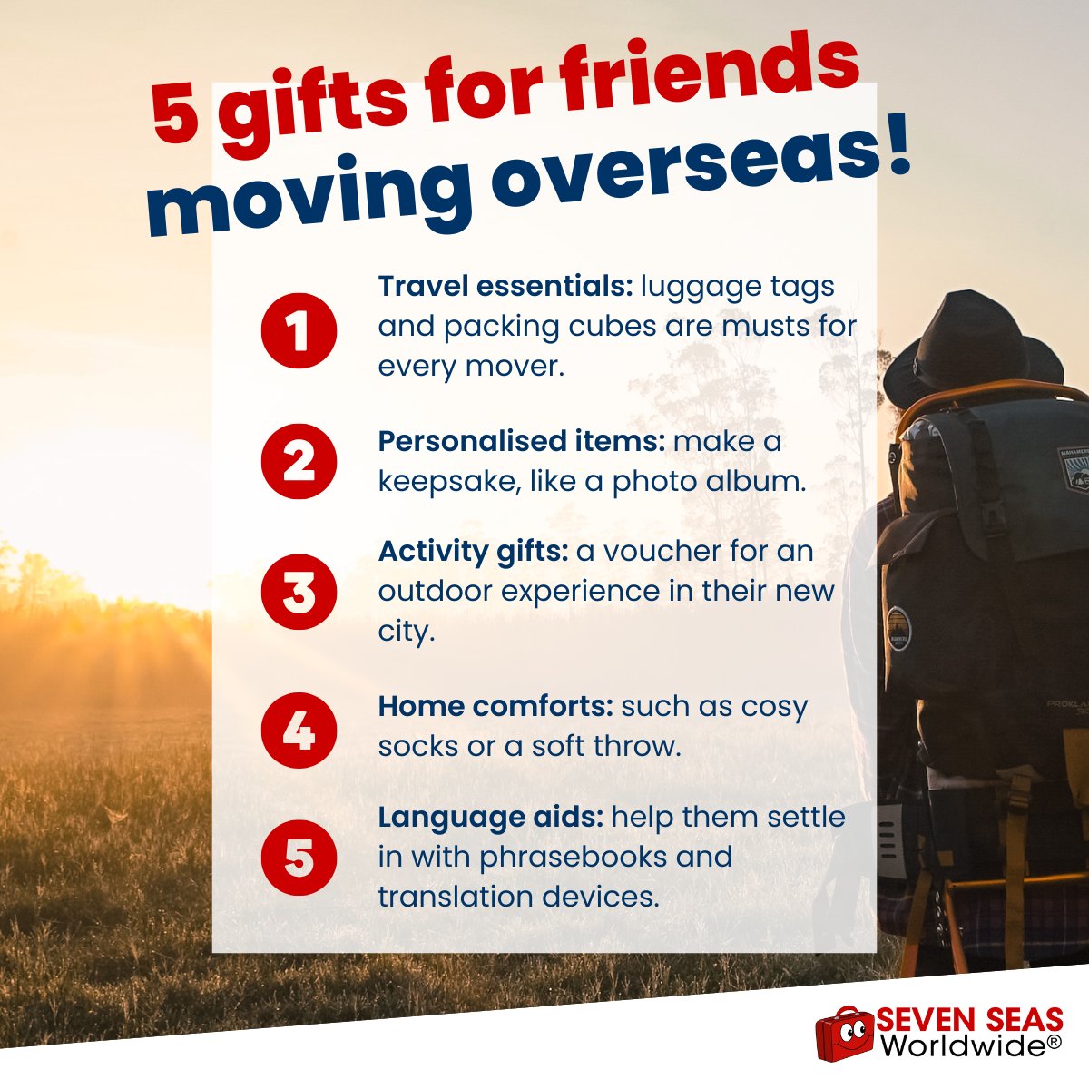Know someone going on an overseas adventure? Our latest article rounds up the best gifts for those moving abroad — from travel essentials to thoughtful items that make any new place feel like home. 🎁 Find the perfect present here 👉 sevenseasworldwide.com/need-help/prac…
#giftideas #expatlife