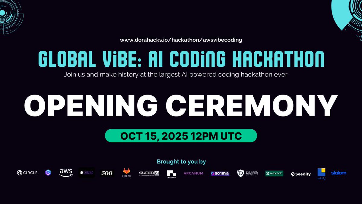 DoraHacks's tweet image. Get your vibe ready!! @awscloud AI Vibe Coding Hackathon opens submissions with an all-star opening ceremony!
Join the livestream to discover the remarkable hackathon rewards ($700K+ in value) and get insights about what judges want to see. See you soon!
⏰ 12 PM, UTC, Oct 15