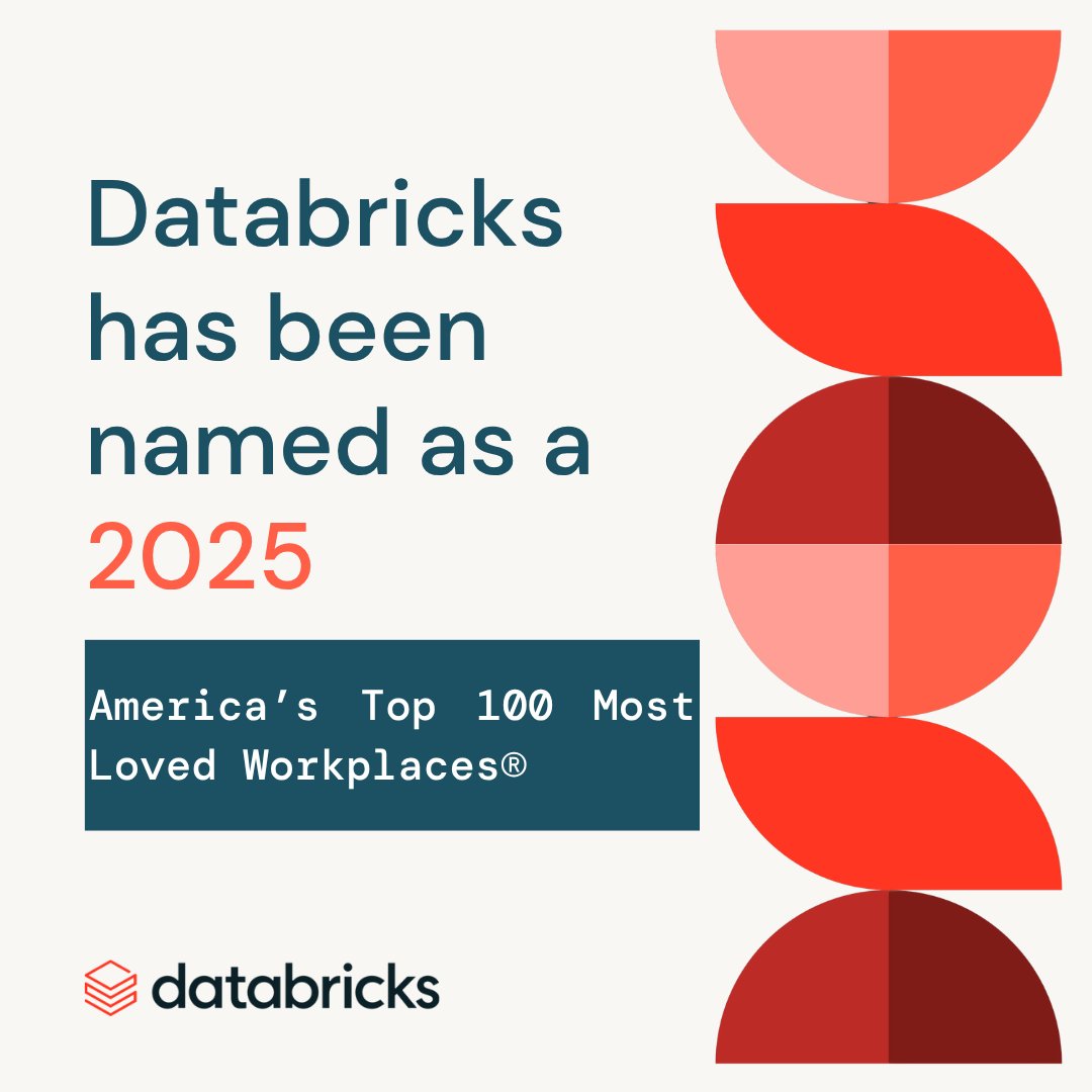 databricks's tweet image. We’re excited to share that Databricks has been named one of America’s Top 100 Most Loved Workplaces® for 2025 ❤️
This recognition reflects the voices and experiences of our Bricksters — thank you for making Databricks such a great place to grow, learn, and do meaningful work…