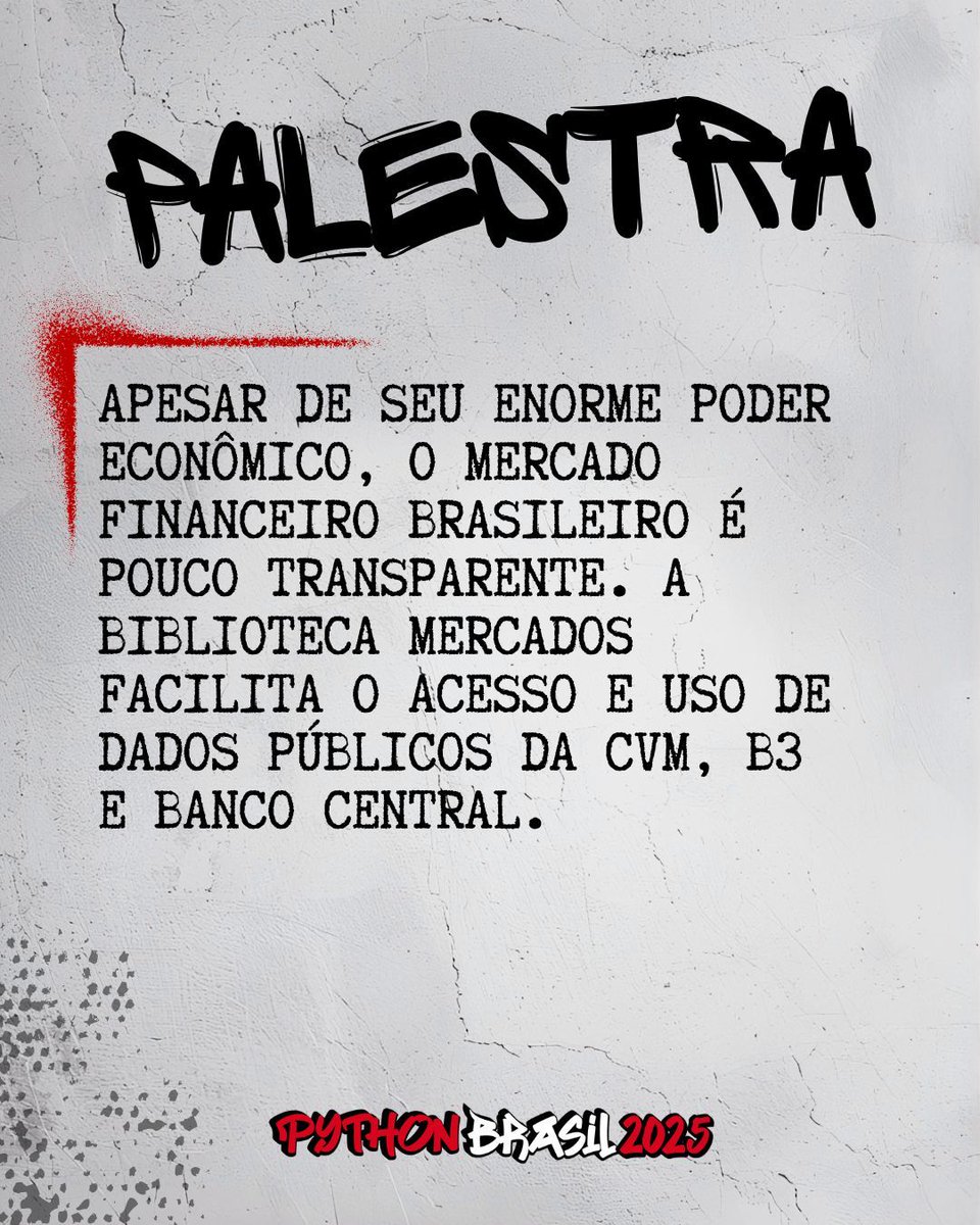 pythonbrasil's tweet image. Palestra
Mercados: acessando dados do mercado financeiro com Python-
รlvaro Justen
Apesar de seu enorme poder econรดmico, o mercado financeiro brasileiro รฉ pouco transparente. A biblioteca mercados facilita o acesso e uso de dados pรบblicos da CVM, B3 e Banco Central.
#python