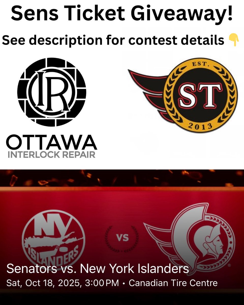 🚨 TICKET GIVEAWAY! 🚨

We are GIVING AWAY a pair of 100 level GLASS SIDE tickets for Saturday’s game against the New York Islanders!

JUST:

1. RETWEET
2. Follow <a href="/senstalk_/">SENS TALK</a> &amp; <a href="/interlockrepair/">Ottawa Interlock Repair</a> 
3. Be Subscribed to SENS TALK on YouTube (reply proof)

Winner announced this Friday!