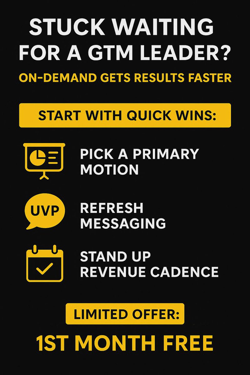 Stuck waiting months for a full-time GTM leader while revenue stalls? You have a faster option.

On-demand GTM leadership gives you senior judgment when you need it, without the overhead. It plugs into your team, sets direction, and gets execution moving.

Start with th