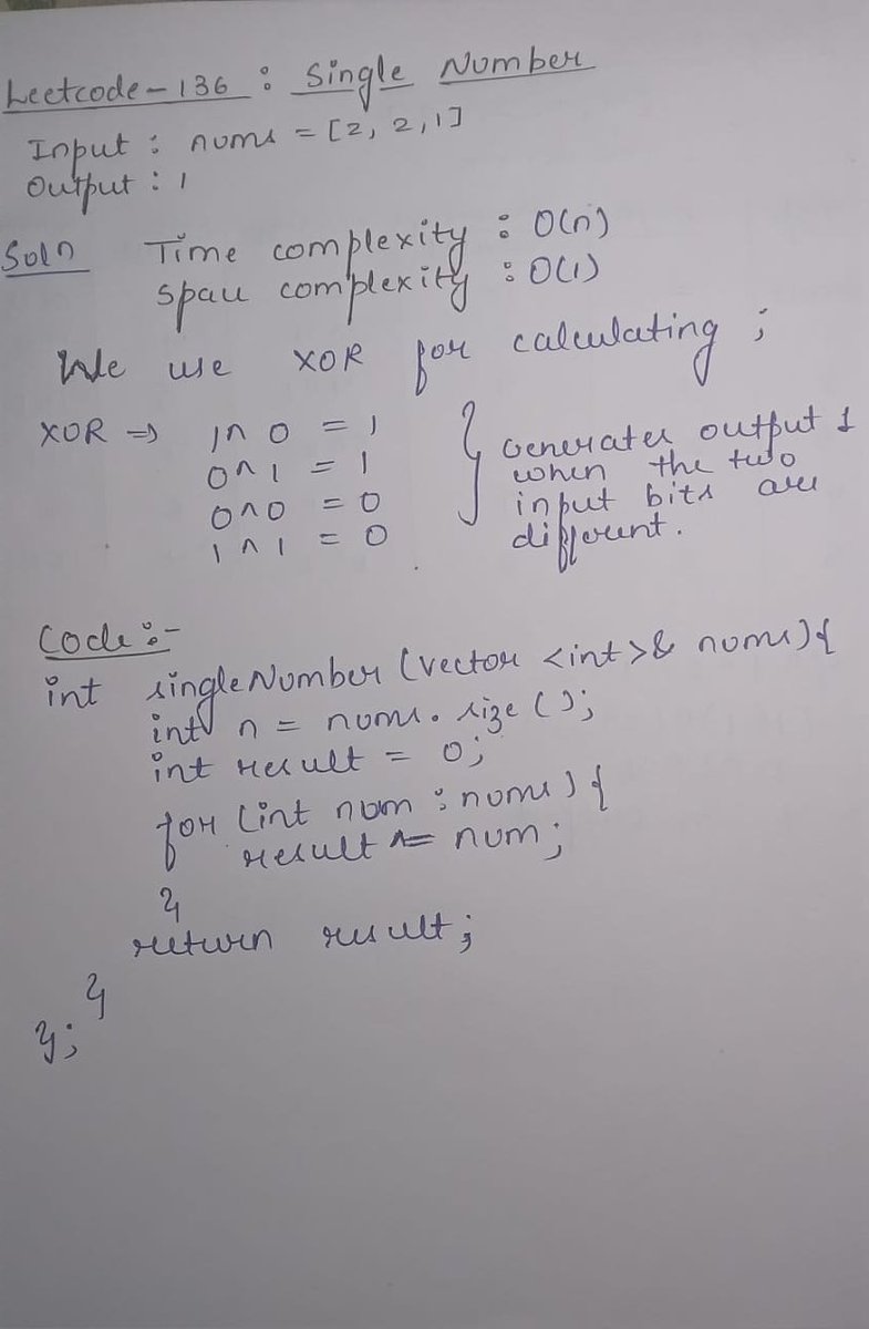 PatelNiharika05's tweet image. 🗓️ Day : 3/100
✅ Solved LeetCode Problem 136 : Single Number.
#100DaysOfCode #DSA #100DaysOfchallenge