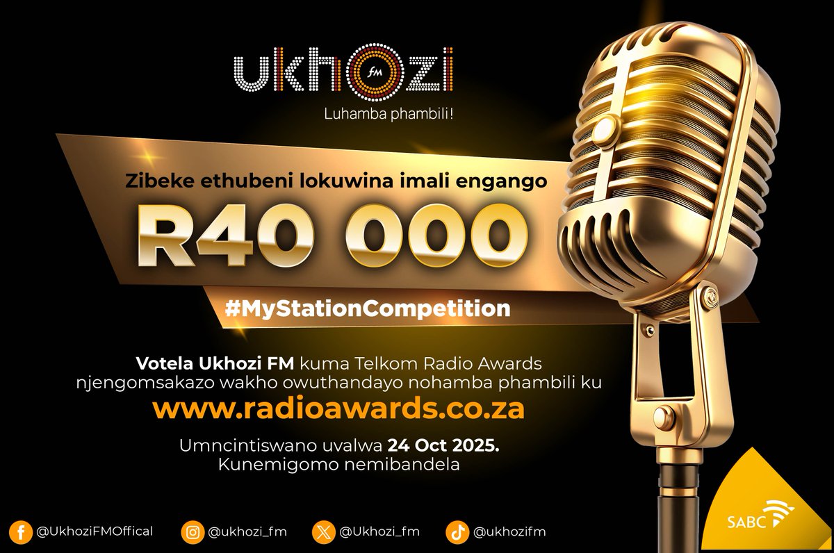 ukhozi_fm's tweet photo. Mlaleli woKhozi FM, sekuyiso lesosikhathi se-#MyStationCompetition. Ukhozi FM luthi #Mayibuye, kanti lokho angeke kwenzeke ngaphandle kwevoti lakho.
Ukuvotela Ukhozi FM ngena kwi website yama Telkom Radio Awards ku-https://t.co/VefPiYMgSp
#UkhoziFM https://t.co/3MgzhSZNGX