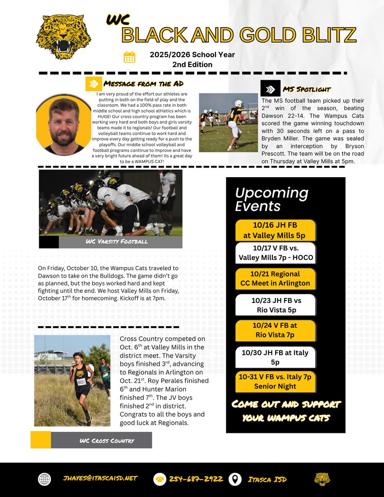 Here is the Boys Athletics Newsletter...2nd edition.  Hope you will make yourself available and come out to support your Wampus Cats.