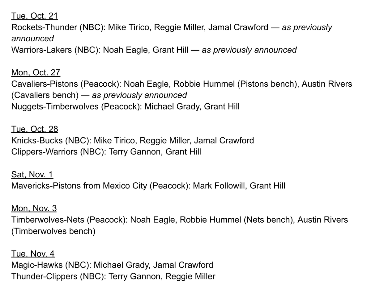 NBC announced its full NBA broadcaster assignments for the first two weeks of the season.