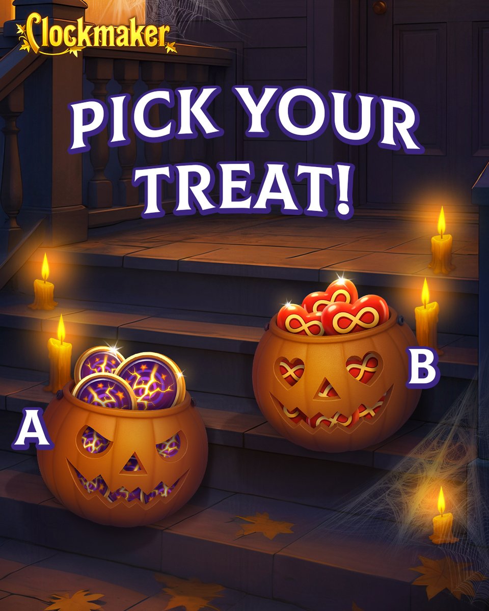 ClockmakerGame's tweet image. 🎃 𝐂𝐡𝐨𝐨𝐬𝐞 𝐲𝐨𝐮𝐫 𝐬𝐩𝐨𝐨𝐤𝐲 𝐠𝐢𝐟𝐭 𝐢𝐧 𝐂𝐥𝐨𝐜𝐤𝐦𝐚𝐤𝐞𝐫! ➡️ play.belka-games.com/twi

𝟏 𝐡𝐨𝐮𝐫 𝐨𝐟 𝐋𝐢𝐯𝐞𝐬 or 𝟏 𝐂𝐨𝐥𝐨𝐫? Let us know which one you'd like to get, and it might just materialize in a few days... 🎁

#mobilegaming #mobilegames #clockmaker