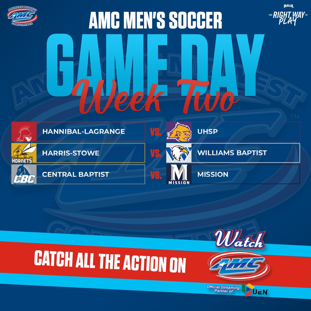 AMCSports's tweet photo. #AMCMSOC game day! ⚽️
⌚️ @HLGU_Trojans vs. @UHSPEutectics - 10am
⌚️ @HSSU_Athletics vs. @WBUEAGLES - 3pm
⌚️ @gocbcmustangs vs. @MUpatriots - 6pm
📺https://t.co/Y32KwMmlP5 official streaming partner of
@UrbanEdgeTv
#TheRightWayToPlay | #NAIAMSOC https://t.co/cwFEz65Il3