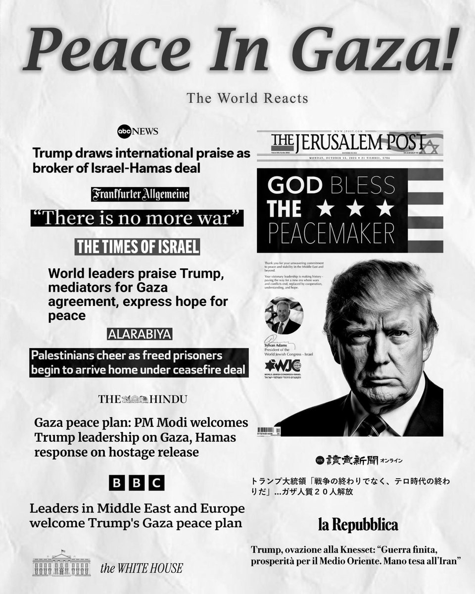 WhiteHouse's tweet image. The world reacts to peace! 🌎🕊️