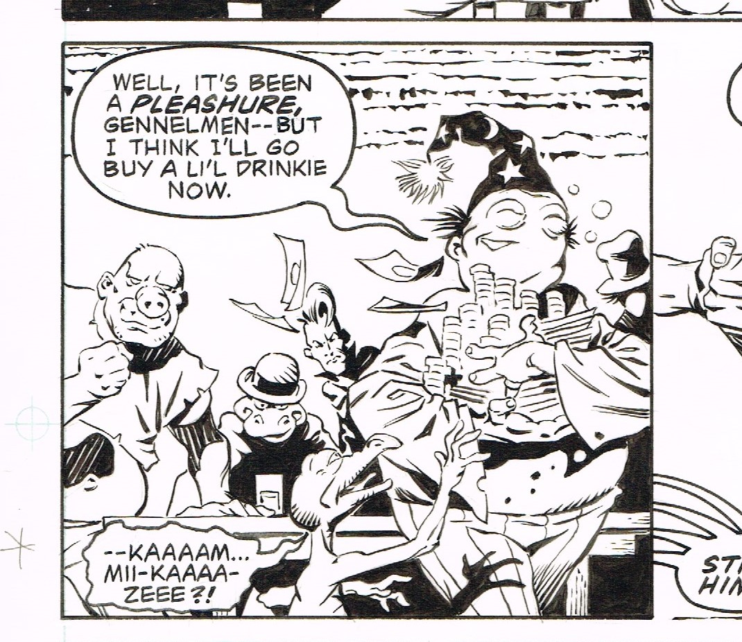 Random panels I have drawn.
From Munden's Bar. Second of several stories starring Foody the Magicker. Sloshed script by John Ostrander and Del Close, lush letters by Steve Haynie.  #randompanelsihavedrawn #screwytuesday #cartooning #brushinking #inking #comicbooks #firstcomics