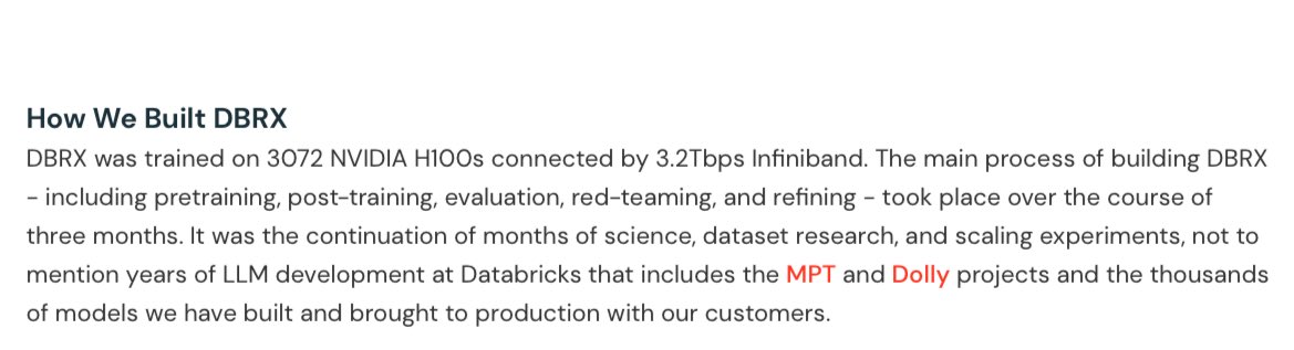 JordiNeil's tweet photo. Si se han preguntado qué se requiere para entrenar un LLM, en el libro de Gen IA de databricks explican cómo lo hicieron ellos: 

12T tokens de datos
3072 GPUs H100
Conectadas por 3.2Tbps

Y duraron tres meses entrenando.

Esto sin contar el tiempo de adquisición y preparación de datos...