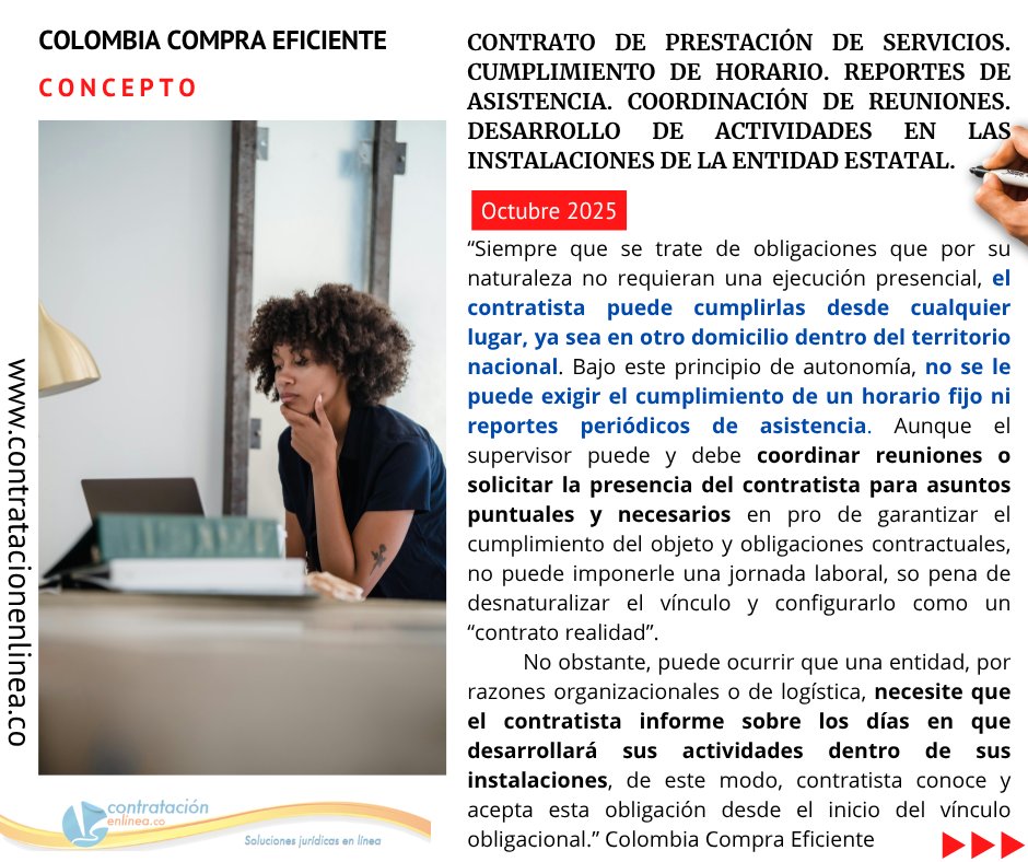 contrataenlinea's tweet photo. 📄CONTRATO DE PRESTACIÓN DE SERVICIOS. Cumplimiento de horario. Reporte de asistencia. Coordinación de reuniones. Desarrollo de actividades en las instalaciones de la entidad estatal https://t.co/2sxQrGODBC https://t.co/o3OlU6EBjU