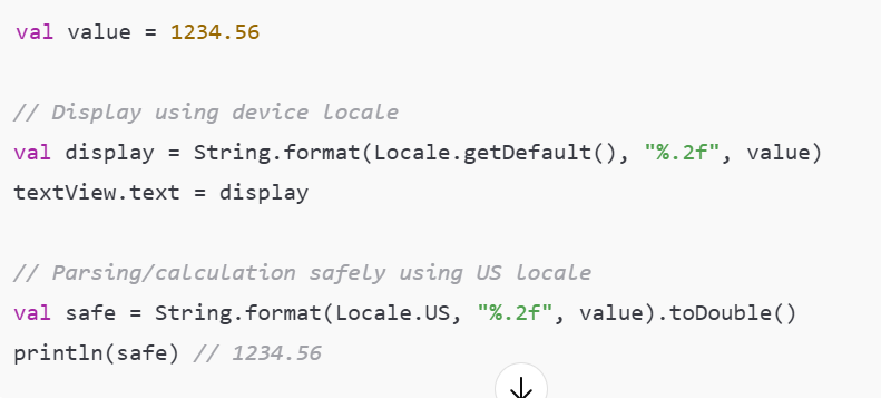 Vrushali0988's tweet image. ✅ The Fix: Safe parsing (Kotlin):
#AndroidDev #KotlinTips #Locale