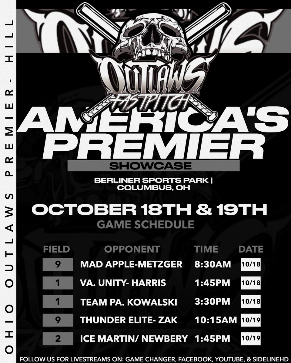 CoachJeffHill's tweet image. Back at it this coming weekend! 10/18 & 10/19
We still have a couple Solid 2026s still searching for that right fit.
Berliner Sports Park
@d1fastpitch1
☠️America’s Premier Showcase☠️
Saturday
🥎G1 🆚 @MadAppleReds
🕰️ 8:30am 🏟️Field 9
🥎G2 🆚 @unity_07cincy
🕰️ 1:45pm…