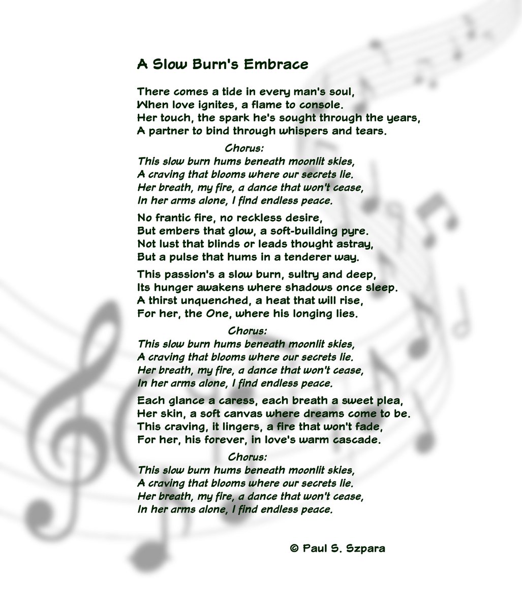 Challenge:  Sing this song
: "A Slow Burn’s Embrace: 'This slow burn hums beneath moonlit skies, / Her breath, my fire, a dance that won’t cease.' A sultry song of love’s tender spark, weaving passion’s rhythm. #LoveSong #RomanticBallad #SensualMusic #LyricPoetry"