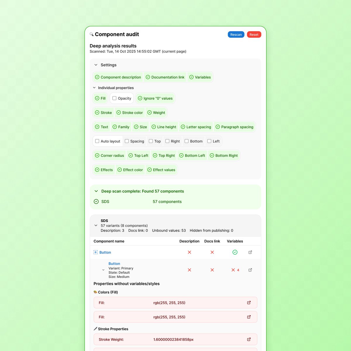 disco_lu's tweet image. Pushed another release to the design system audit widget!

It&apos;s a pretty big change – you can now filter by individual variable properties, giving you control over what you value within your system

For example: hiding all &quot;0&quot; values, or all line heights

figma.com/community/widg…