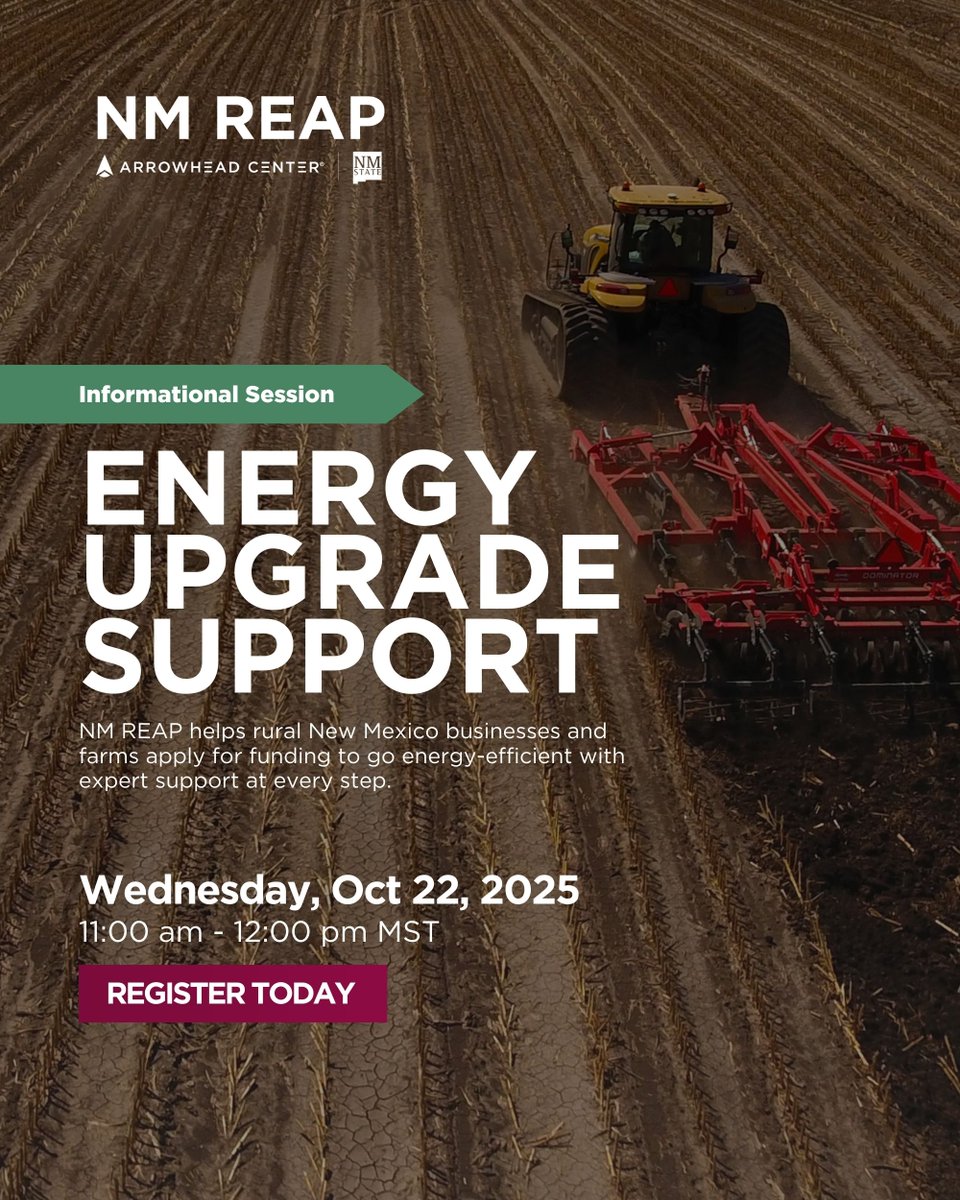 Let’s build your REAP application today!
NM ag producers &amp; rural businesses: Learn how to secure funding for energy upgrade projects.

Date: Wednesday, Oct 22 , 2025
Time: 11:00 AM - 12:00 PM MST

Join us!  

Visit:buff.ly/lcEUJmw