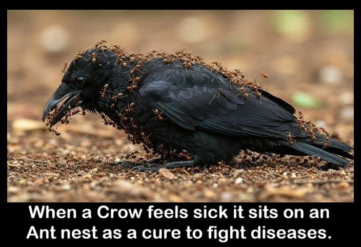 #DidYouKnow 🤔 

When a Crow feels sick, it goes to an Ant nest and deliberately disturbs it. The Ants get angry and start climbing on the Crow.   

But the Crow doesn't move. It stays still with its wings open. The Ants then spray formic acid on the Crow. This acid helps remove