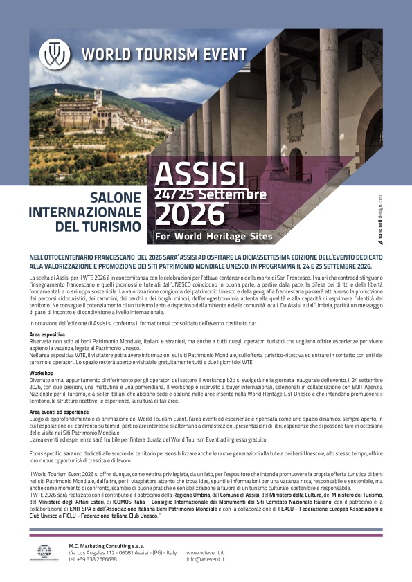 wtu_event's tweet photo. NELL’OTTOCENTENARIO FRANCESCANO  DEL 2026 SARA’ #ASSISI AD OSPITARE LA DICIASSETTESIMA EDIZIONE DELL’EVENTO DEDICATO ALLA VALORIZZAZIONE E PROMOZIONE DEI SITI PATRIMONIO MONDIALE #UNESCO, IN PROGRAMMA IL 24 E 25 SETTEMBRE 2026.
https://t.co/tMESJb4km6 https://t.co/twBuWKUSvx