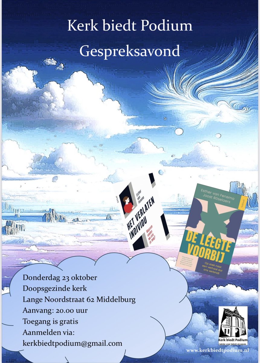 JanZwemer's tweet photo. Zeeuws Gesprek.  
Een dialoog over maatschappelijk thema’s. 
De primeur: 23 oktober a.s. om 20.00 uur, Lange Noordstr. 62 M’burg. 
Onderwerp: Het Verlaten Individu n.a.v. boeken o.a. Esther van Fenema. 
Voorbereiding?: https://t.co/C43bF6Y1c1
Aanmelden: kerkbiedtpodium@gmail.com https://t.co/tXpaLmYwJk