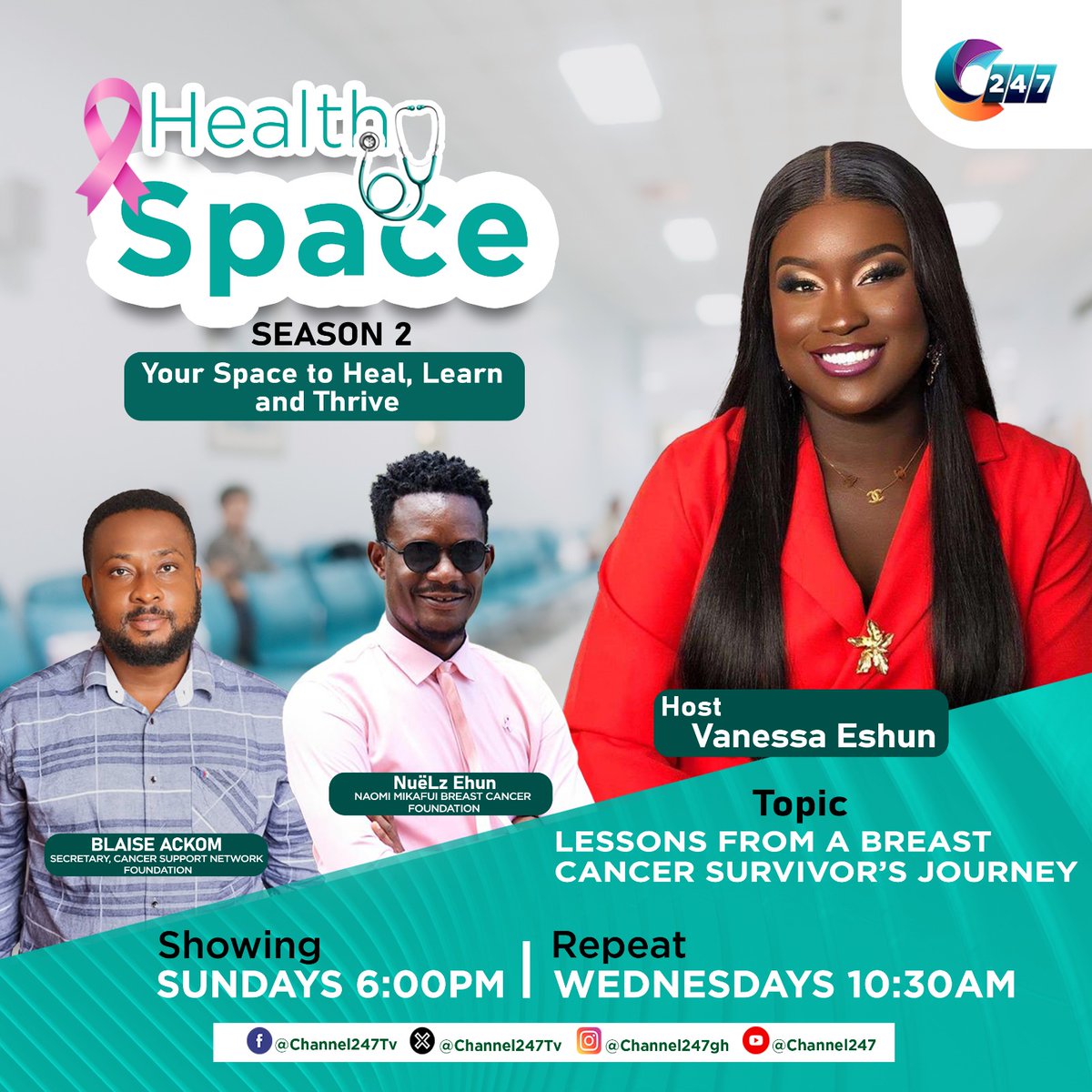 Channel247News's tweet photo. 🎀 It’s Breast Cancer Awareness Month! 💗 This week on #HealthSpace, host Vanessa Eshun sits down with Nuelz Ehun from the Naomi Mikafui Breast Cancer Foundation and Blaise Ackom to discuss Lessons Breast Cancer survivors' journey 💬 #HealthSpace #Channel247TV https://t.co/tDOaSrjjZK