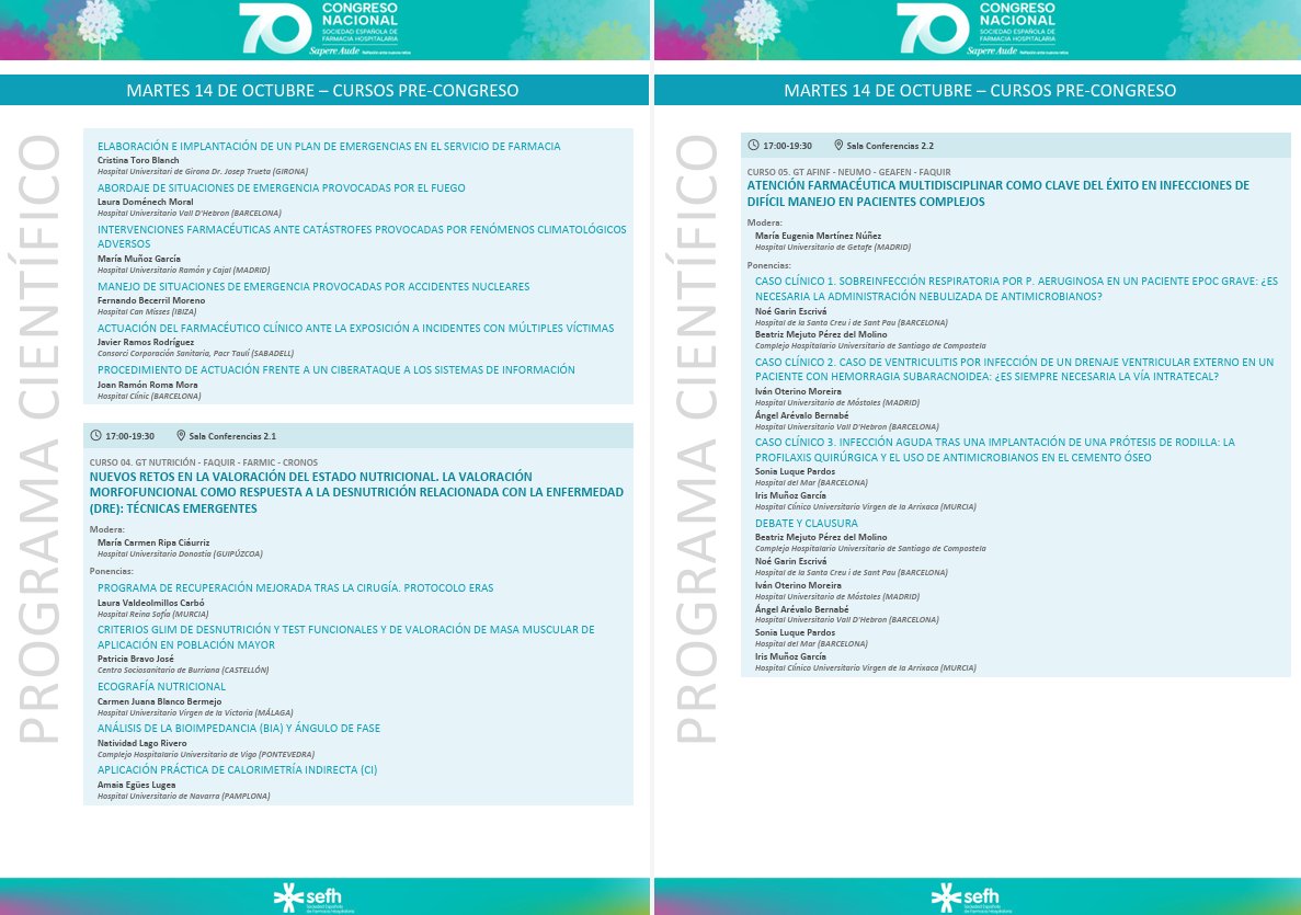 📢🧑‍🏫👩‍🏫 Comienzan los Cursos Precongreso #sefh25

Estos son los 5 que los Grupos de Trabajo <a href="/sefh_/">S.E.F.H</a> han preparado este año:
✳️Cannabis medicinal
✳️Farmacocinética en paciente crítico
✳️FH ante catástrofes y emergencias
✳️Retos nutrición
✳️AF multidisciplinar infecciones complejas