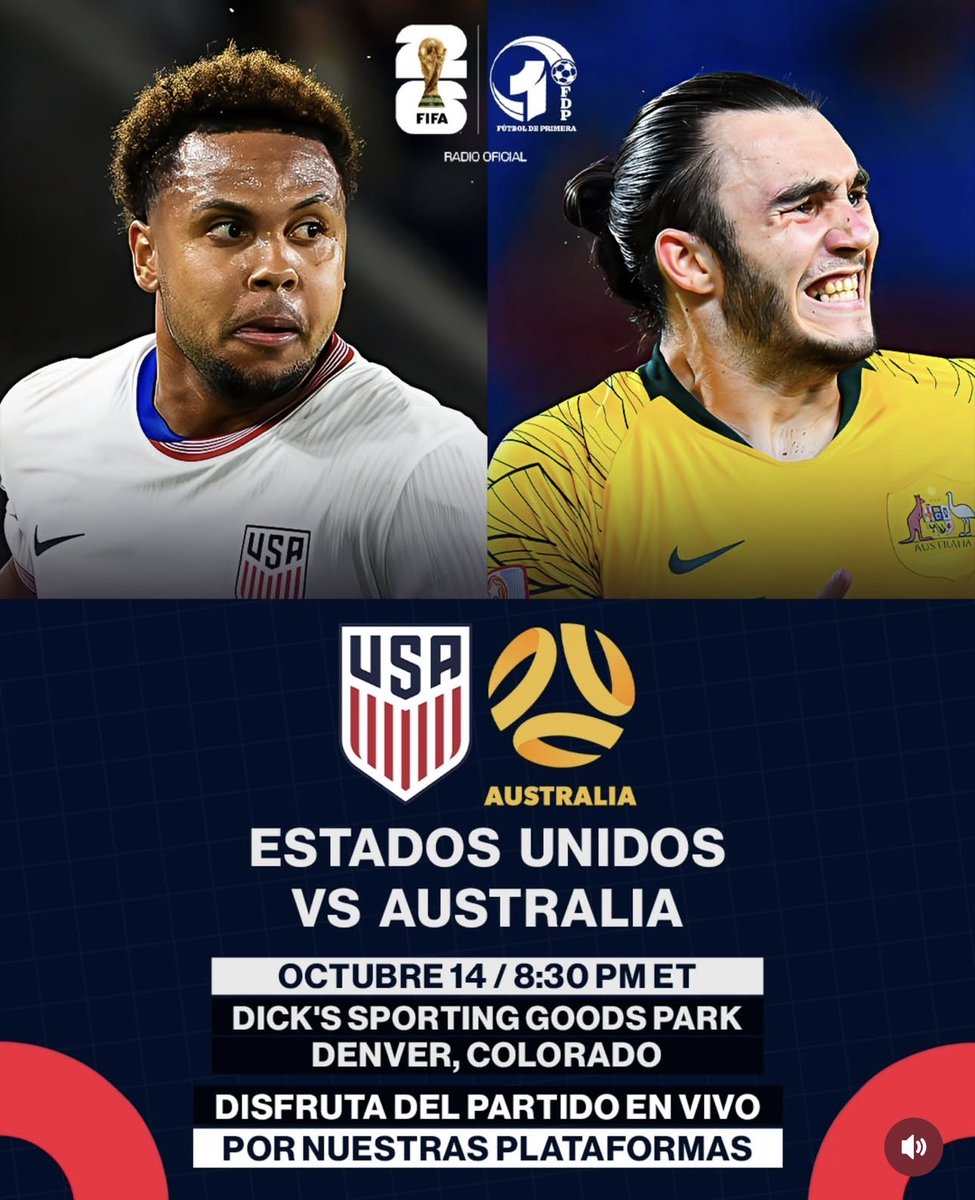 ESTA NOCHE por <a href="/fdpradio/">Fútbol de Primera</a> 

Estados Unidos 🇺🇸 <a href="/USMNT/">U.S. Soccer Men's National Team</a> vs. Australia 🇦🇺 <a href="/Socceroos/">CommBank Socceroos</a> 

🕣 8:30pm ET / 5:30pm PT
🏟️ <a href="/DICKS/">DICK'S Sporting Goods</a> Park
Commerce City, Colorado 

🎙️ <a href="/AndresCantorGOL/">ANDRES CANTOR</a> 
📻 <a href="/RosaBeatrizSW/">Rosa Sanchez Worley</a> <a href="/manuelsol/">manuel sol</a> <a href="/dchapela/">Daniel Chapela 🇻🇪</a> <a href="/sadovnik1965/">Sammy Sadovnik</a> 

Míralo y escúchalo aquí 👇
youtube.com/live/ptEY7nA6E…