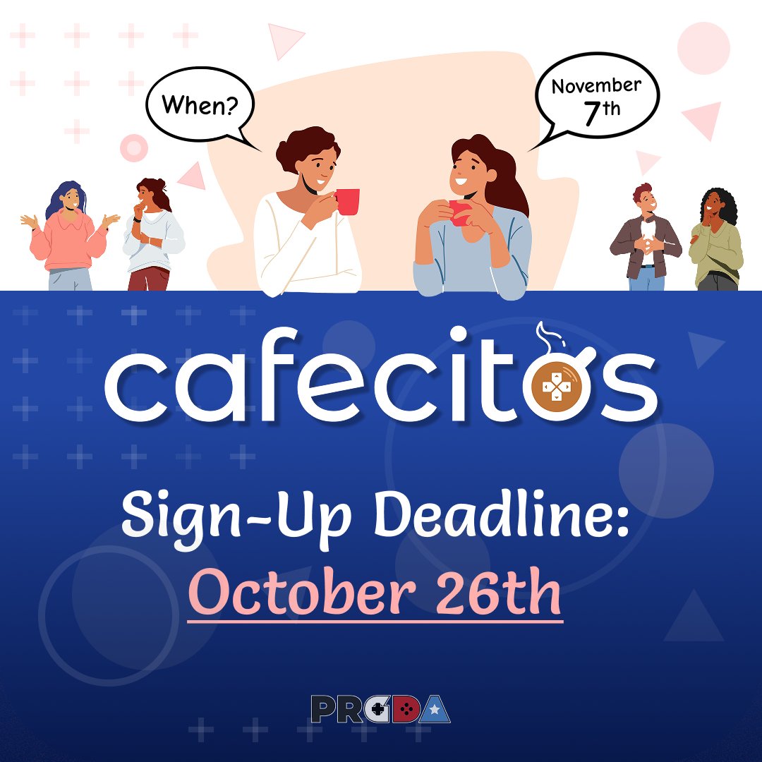 prgamedevs's tweet image. What is CAFECITOS? ☕️
It’s a free online event on mentoring and advocating PR 🇵🇷 and LATAM game developers. If you’re a professional interested in helping these communities, sign up here: forms.gle/BNZsZniY46f7tj…
Sign-up deadline is Oct. 26th!