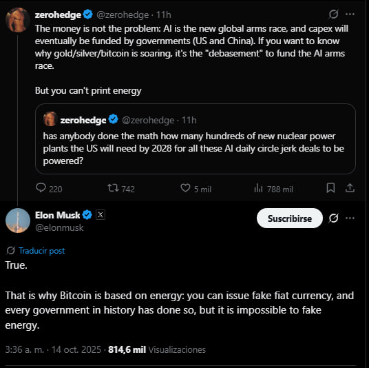 🔥INCREÍBLE🔥

💥Elon Musk afirma "#Bitcoin se basa en ENERGÍA. Pueden emitir el falso dinero fiat, todo gobierno en la historia lo hizo, pero es imposible falsificar la energía"

👀El hombre MÁS RICO del MUNDO vuelve a apoyar a $BTC públicamente ¿Planeará alguna integración ⁉️