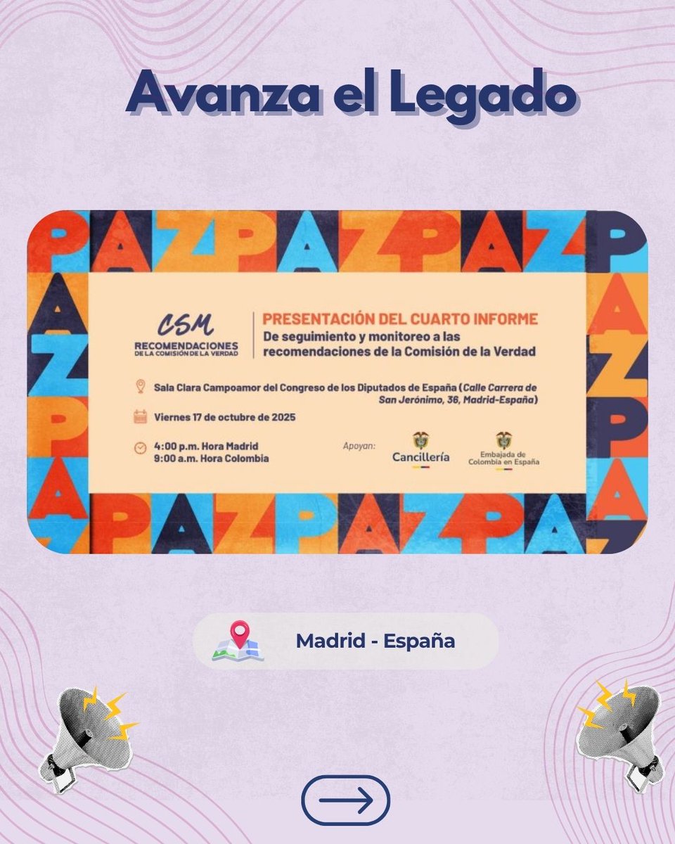 ✨ #ElLegadoAvanza y #LasRecomendacionesSeMueven 💪🏾
Del 14 al 19 de octubre, aliados de la Comisión de la Verdad llevan el Legado a Pasto, Bogotá, España y más territorios 
🕊️ ”Día País” en Universidad de los Andes: charlas, arte y talleres para construir paz desde el diálogo.👇