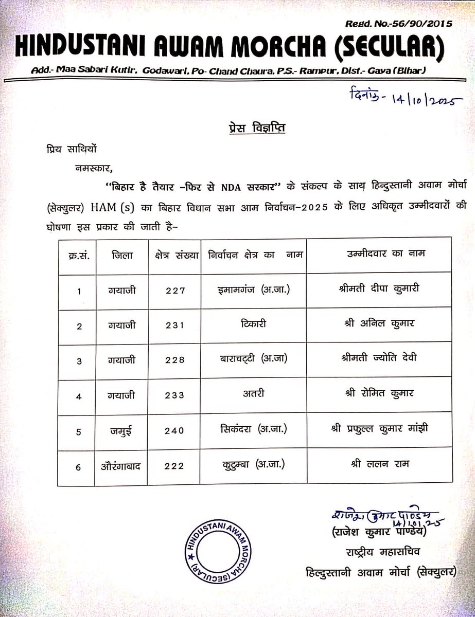 बिहार में बीजेपी के सहयोगी दल हिंदुस्तान आवाम मोर्चा के टिकारी विधानसभा से प्रत्याशी अनिल कुमार जी के द्वारा जनसेवा में किए गए कुछ कृत्य-
 
1. हत्या की कोशिश (Section 307) 

2. नाबालिग को वेश्यावृत्ति हेतु बेचने का आरोप (Section 372) 

3. चुनाव में प्रभाव डालने या मतदान करवाने की