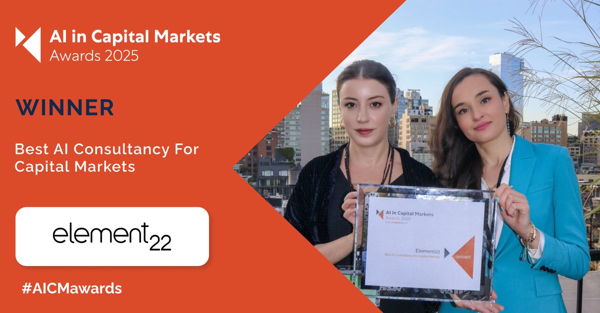 Data Management Insight (@datamgmtinsight) on Twitter photo The AI in Capital Markets Award 2025 for Best AI Consultancy for Capital Markets goes to... <a href="/e22news/">Element22</a>!   Congratulations!
All winners: eu1.hubs.ly/H0nNLk60
#AICMawards #AI #capitalmarkets #AIconsultancy The AI in Capital Markets Award 2025 for Best AI Consultancy for Capital Markets goes to... <a href="/e22news/">Element22</a>!   Congratulations!
All winners: eu1.hubs.ly/H0nNLk60
#AICMawards #AI #capitalmarkets #AIconsultancy