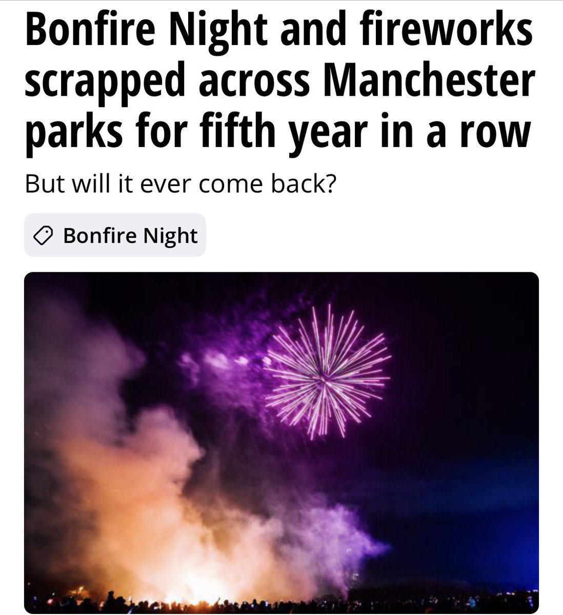 Bonfire Night &amp; Fireworks CANCELLED In Manchester Parks

They don’t cancel Diwali or Eid though do they?