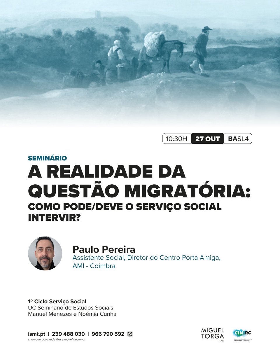ismt_coimbra's tweet photo. 🎙️ Palestra “A realidade da questão migratória: como pode/deve o Serviço Social intervir?” com Paulo Pereira da AMI
📅 27 out ⏰ 10h30📍 Sala 4 Rua Bernardo Albuquerque, 4
+informações 👉 https://t.co/mtQLvOBAiD
#ISMT #cimrc #AEISMT #EuSouISMT #ServiçoSocial #Migração #AMI https://t.co/7uJ4AsYVMr