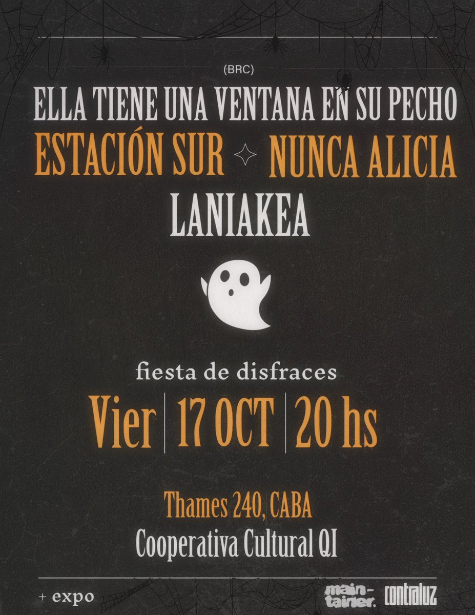 🧟 YA PENSARON DISFRAZ? 

este viernes nos vemos en el QI a la 20 hs, donde estaremos compartiendo con <a href="/laniakeabanda/">laniakea</a>, nunca alicia y ella tiene una ventana en su pecho (desde bariloche), con feriantes y premios

SE AGOTÓ LA PROMO, QUEDA PREVENTA 1 👻 no duerman, link en bio :)