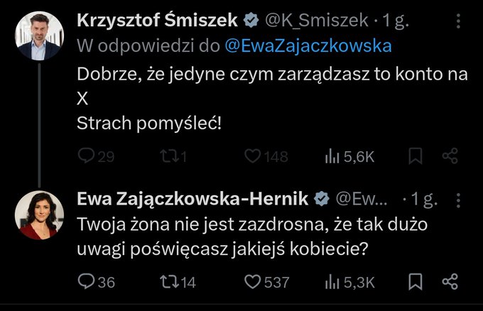 Screenshot displays two Twitter posts side by side. Left side shows profile image of man in suit, username Krzysztof Śmiszek, replying to Ewa Zajączkowska with text stating good that only content she manages is on X because it scares people. Right side shows profile image of woman in red top, username Ewa Zajączkowska-Hernik, text stating your wife is not a director so why such remarks about women. Includes timestamps, likes, and replies counts.