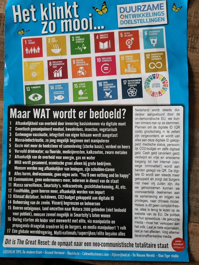 U heeft geen idee wat u uzelf en Nederland aan doet als u op Frans Timmermans, Dilan Yesilgöz, Rob Jetten, Joost Eerdmans of Henri Bontenbal stemt. 

U krijgt de volledige 17 SDG's binnen de kortste keren door uw strot geduwd en met het EU eID komt u in een digitale gevangenis.