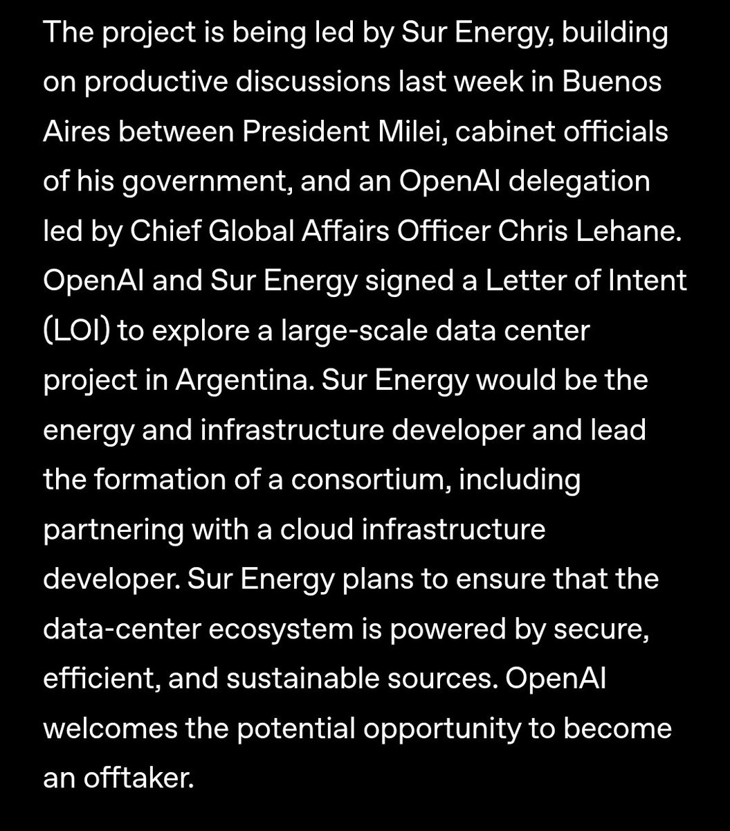 Salió el comunicado de OpenAI y… otra vez humo. Sam Altman no pone un peso en Argentina. Solo sería offtaker, o sea: comprador del servicio si algún día el data center existe. La guita y el riesgo es de Sur Energy, el Estado o de quien logren asociar.