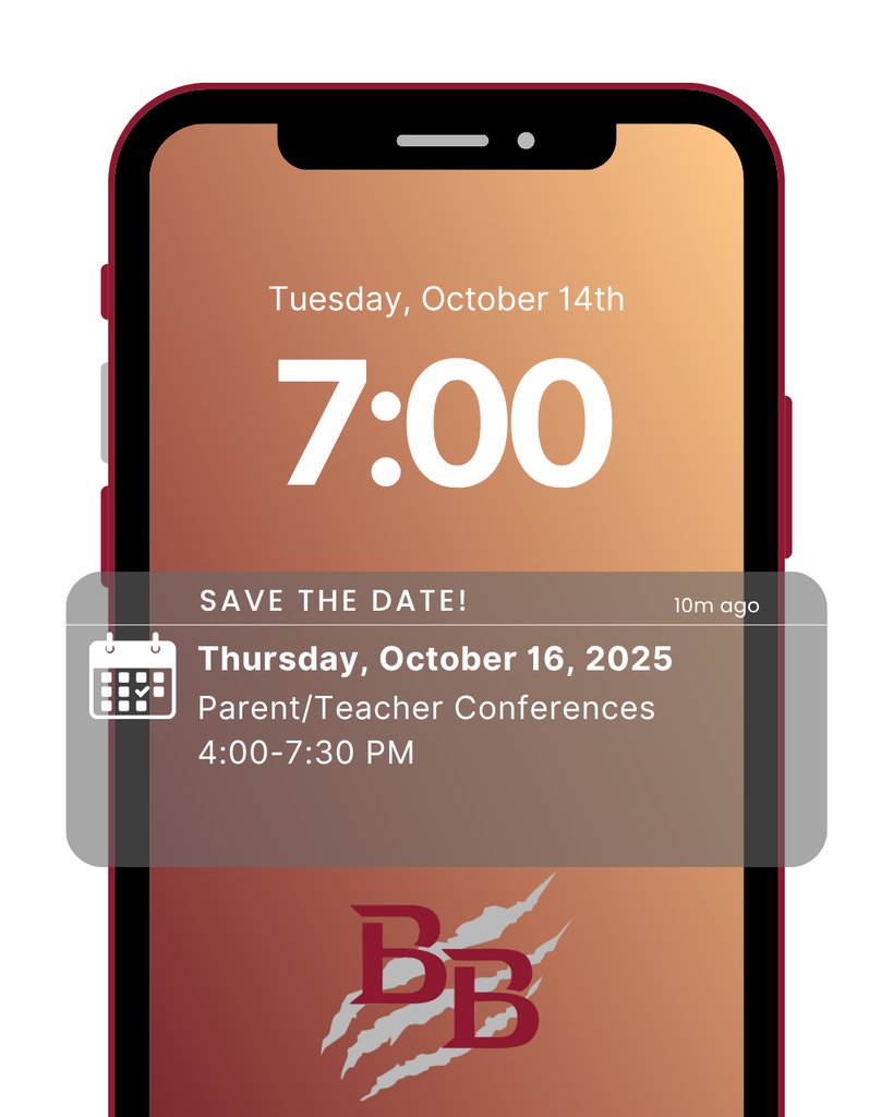 Save the Date❗  Parent/Teacher conferences are this Thursday, October 16th, 4:00-7:30 pm. Please make plans to pick up your student's report card and meet with their teachers. #bprd #bjhsoneteamonedream