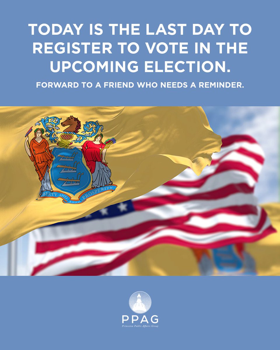 Today is the last day to register to vote in the upcoming election.  Share with a friend who needs a reminder. You can register here--&gt; voter.svrs.nj.gov/register.