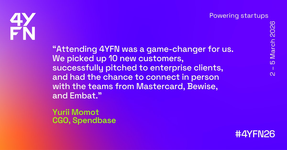 4YFN_MWC's tweet image. “Attending 4YFN was a game-changer for us.” – Yurii Momot, CGO at Spendbase 🚀 
Last year’s 4YFN Awards shortlist didn’t just compete — they connected, pitched, and grew 🌍
Think your #startup has what it takes? Apply now for the #4YFN26 Awards 👉 gsma.at/PZ