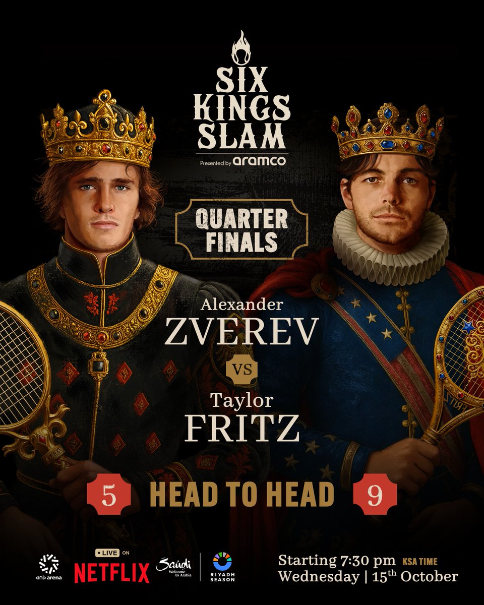 👑Two massive matchups open the #SixKingsSlam tomorrow 👑

🔥 Zverev vs Fritz 🔥
19:30 AST / 18:30 CET / 12:30 ET

and then...
🔥 Sinner–Tsitsipas 🔥

Let the games begin.
#SixKingSlam