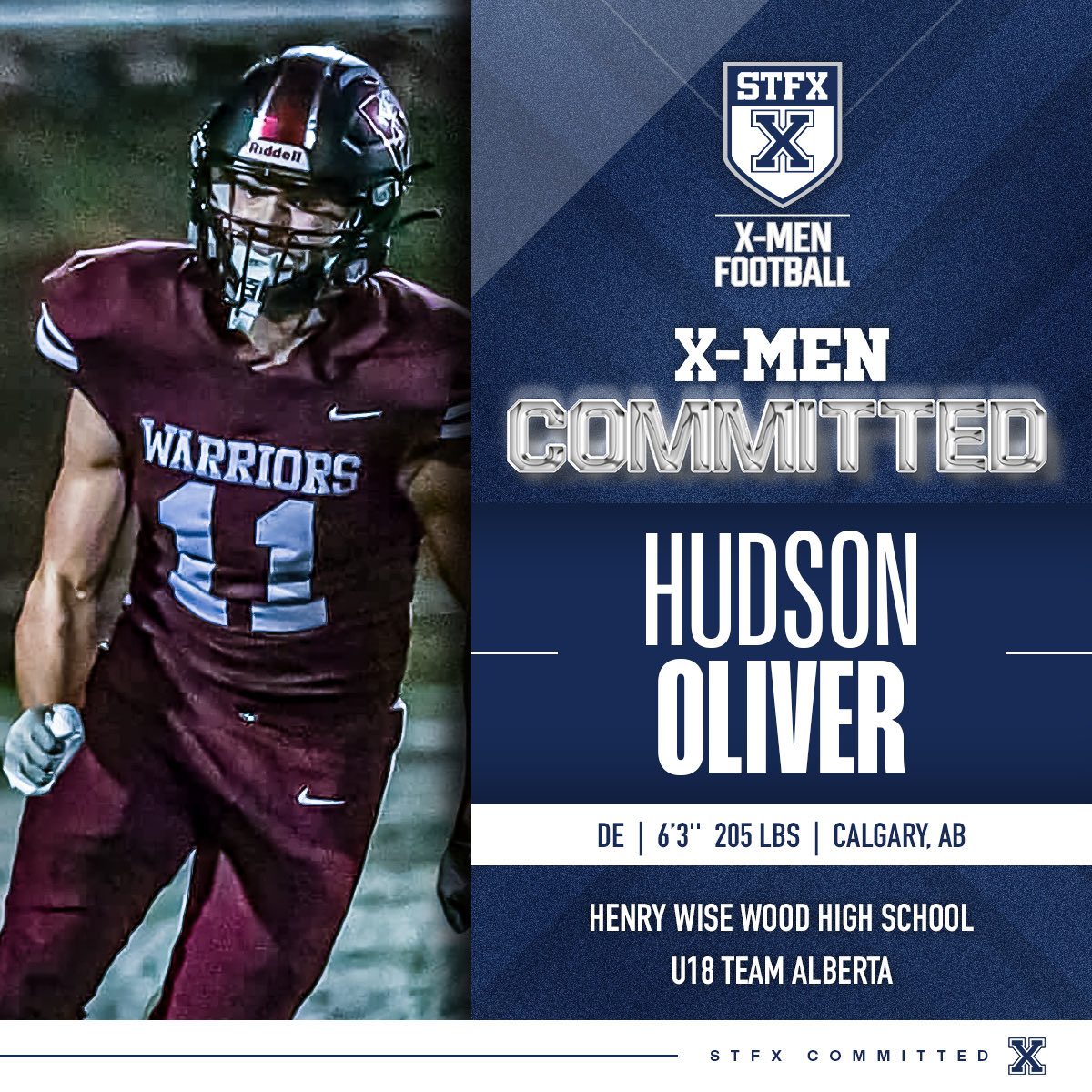 X-Men Football is proud to welcome their first commit of the 2026 recruiting class! 

Hudson Oliver is a Defensive End from Calgary, Alberta. 

Welcome to the STFX family, Hudson!