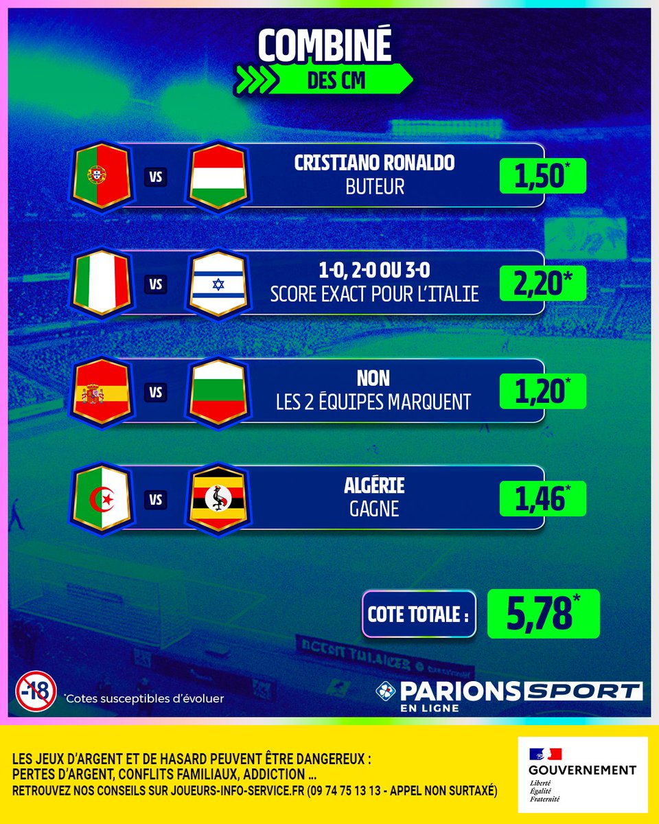 ⚽️ Le #CombiDesCM pour les ultimes matchs de la trêve d'octobre en Europe et en Afrique

🤔 Ça passe ou pas ?!

🔥 20€ de freebet pour 5 d'entre vous si ça fait 3/4

Pour jouer :
👉 RT + Follow
🗓 TAS le 15/10
📃 Règlement : bit.ly/45Ljuky