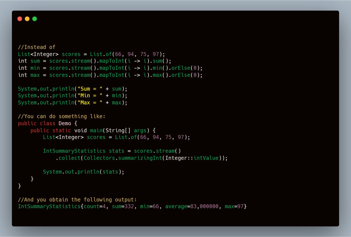 mario_casari's tweet image. 🚀 With Collectors.summarizingInt() you can get count, sum, min, max, avg in one pass.
#Java #JavaDev