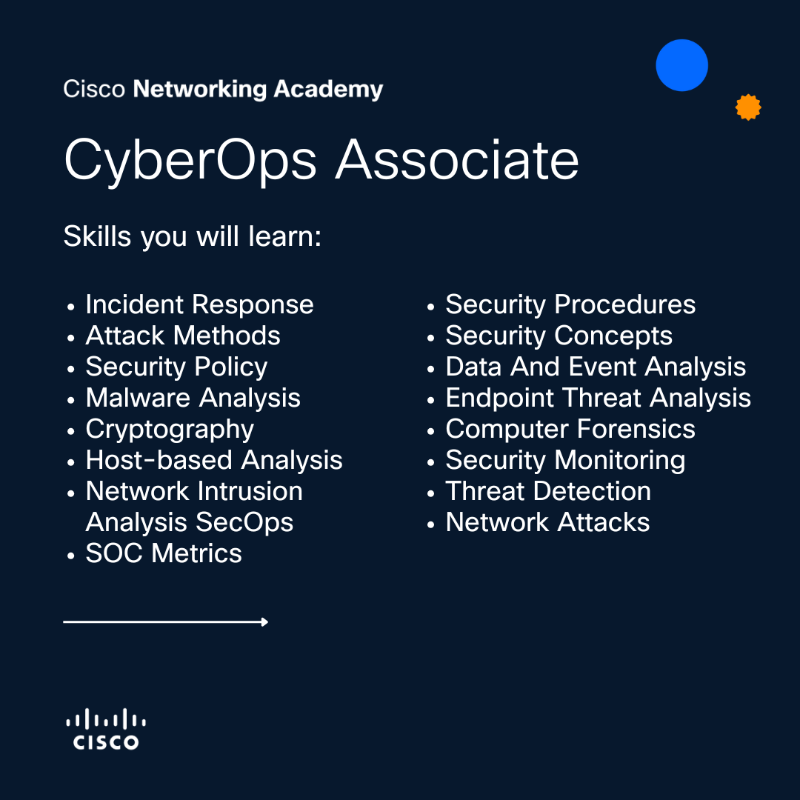 CiscoNetAcad's tweet photo. Learn how you can combat cybercrime, outsmart cyber espionage, and tackle a wide range of networking threats. Check out the Cisco CyberOps Associate course — a hands-on, instructor-led program designed to prepare you for the Cisco Certified CyberOps Associate certification.