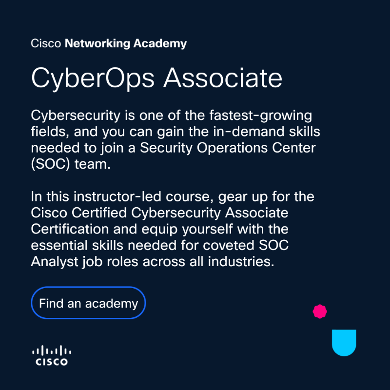CiscoNetAcad's tweet photo. Learn how you can combat cybercrime, outsmart cyber espionage, and tackle a wide range of networking threats. Check out the Cisco CyberOps Associate course — a hands-on, instructor-led program designed to prepare you for the Cisco Certified CyberOps Associate certification.
