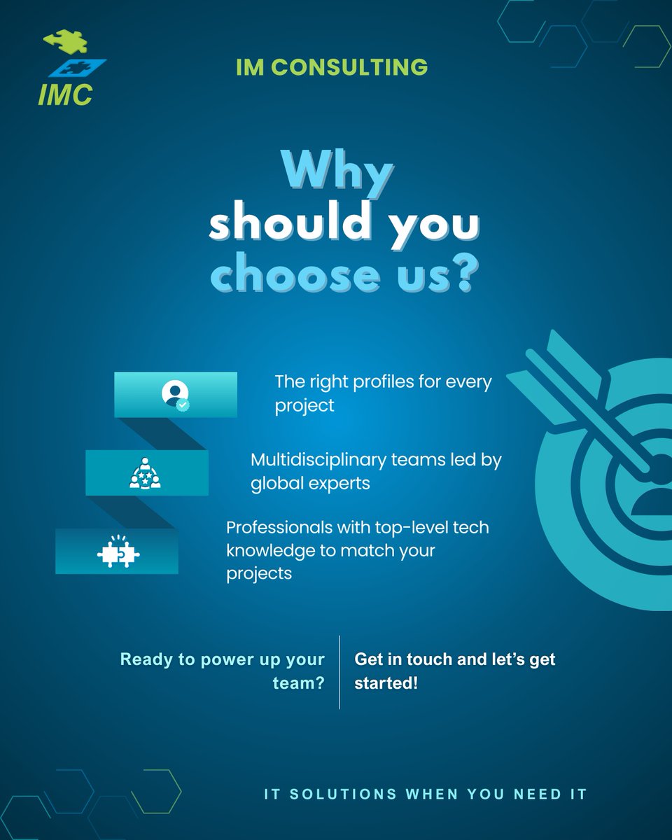 IMCItSolutions's tweet image. 💪 Strengthen your team with our talent in 5 simple steps:
1️⃣ Request service
2️⃣ Meet our talent
3️⃣ Evaluate our talent
4️⃣ Choose the right fit
5️⃣ Onboarding

Ready to power up your team?
📩 𝗖𝗼𝗻𝘁𝗮𝗰𝘁 𝘂𝘀 - Let’s get started! 
🌐 𝗟𝗲𝗮𝗿𝗻 𝗺𝗼𝗿𝗲: imconsultingltd.com