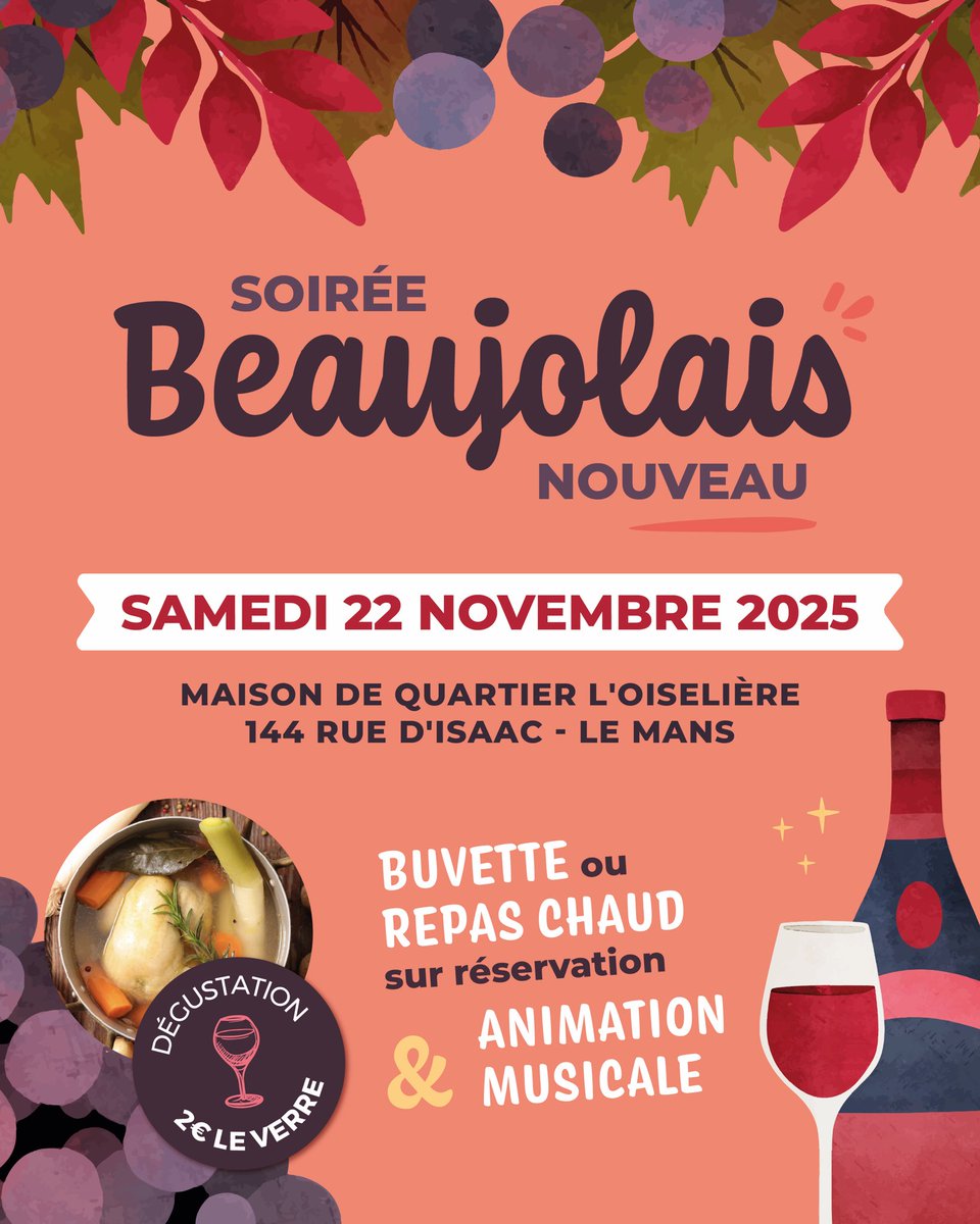 AnimGazonfier's tweet photo. 🍁🍇 #SoiréeBeaujolaisNouveau de #Gazonfier 🍷🍂

🥳 Notre association de quartiers organise sa traditionnelle et conviviale soirée dégustation de beaujolais nouveau avec repas dansant ⤵️ https://t.co/sTbWCHWVcq